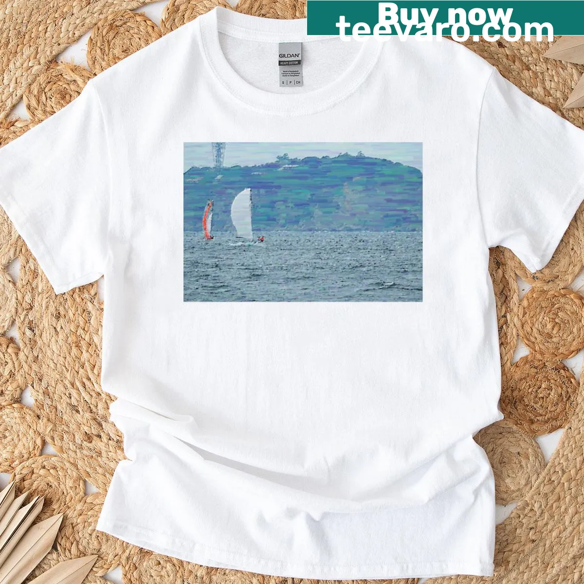 Artistic depiction of Enoshima island on a premium t-shirt — on a men's t-shirt