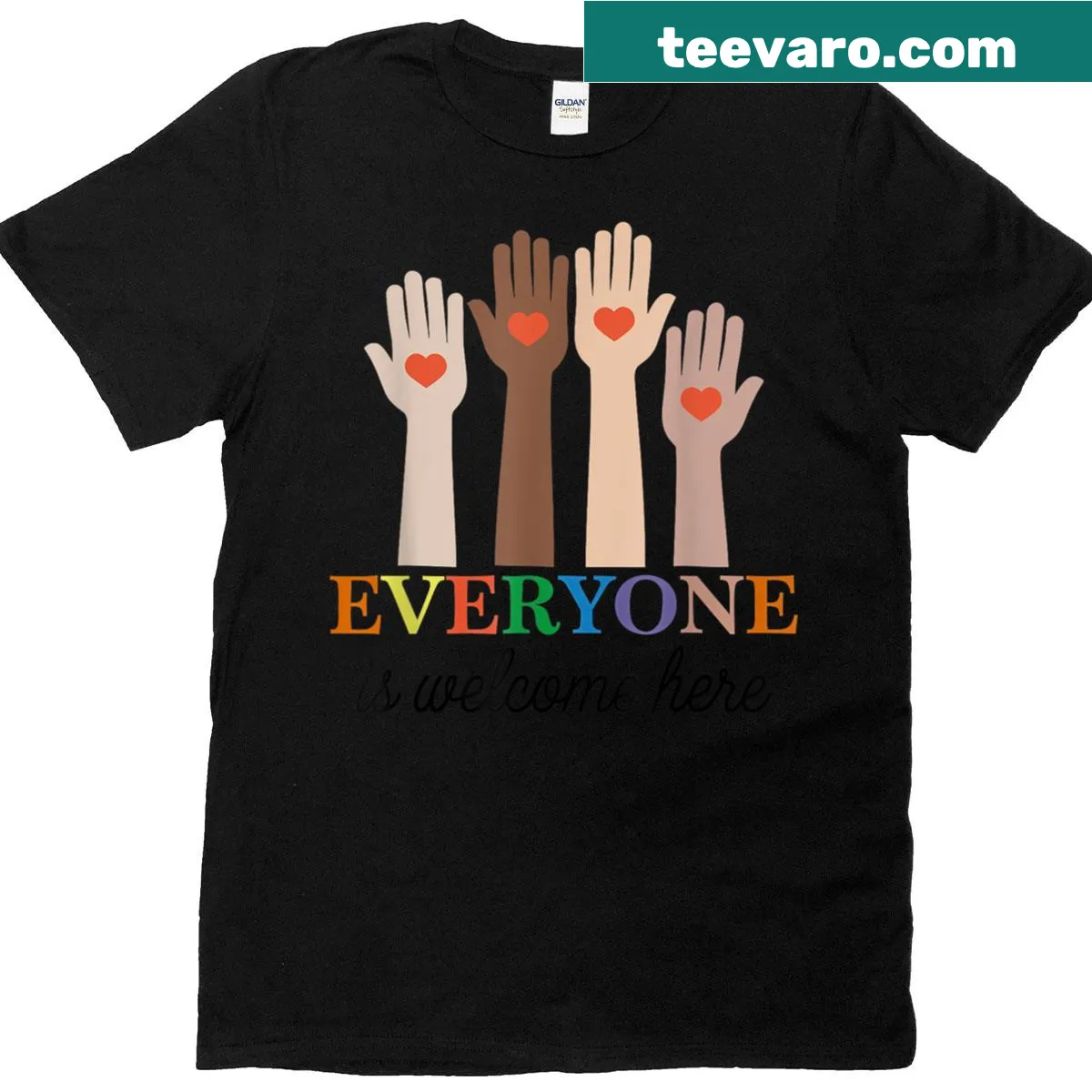 Inclusive T-shirt with 'Everyone Is Welcome' text for teachers — on a men's t-shirt