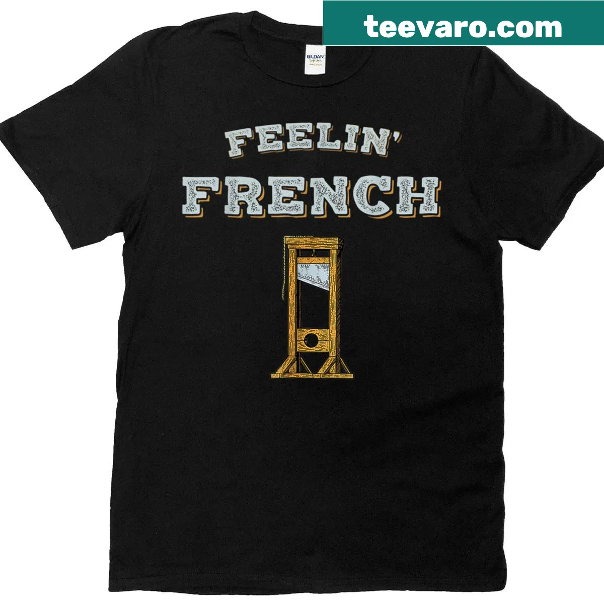 Vintage-style t-shirt with a humorous guillotine graphic — on a men's t-shirt