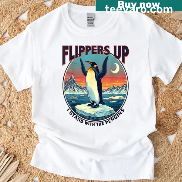 Funny penguin graphic T-shirt with flippers up