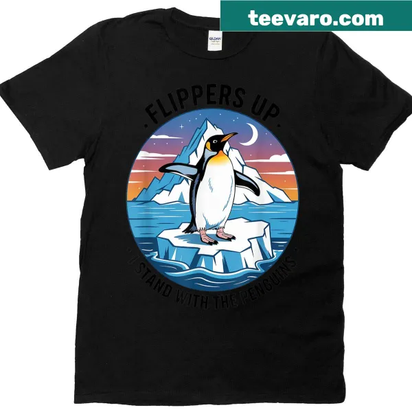 Penguin illustration with Flippers Up phrase on T-shirt