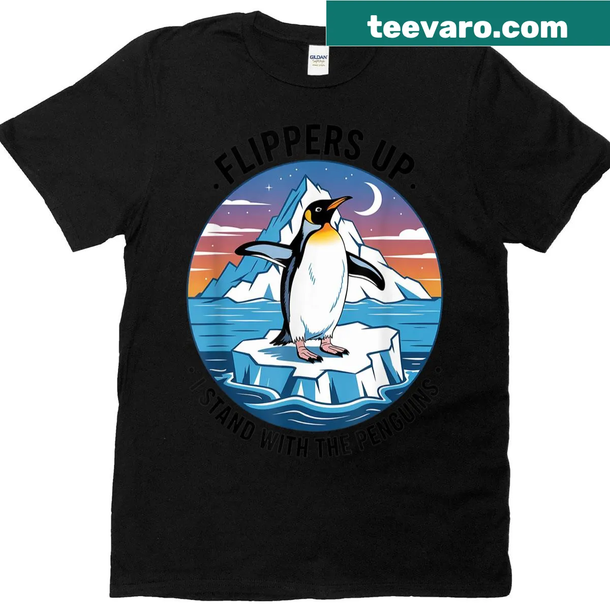 Penguin illustration with Flippers Up phrase on T-shirt — on a men's t-shirt