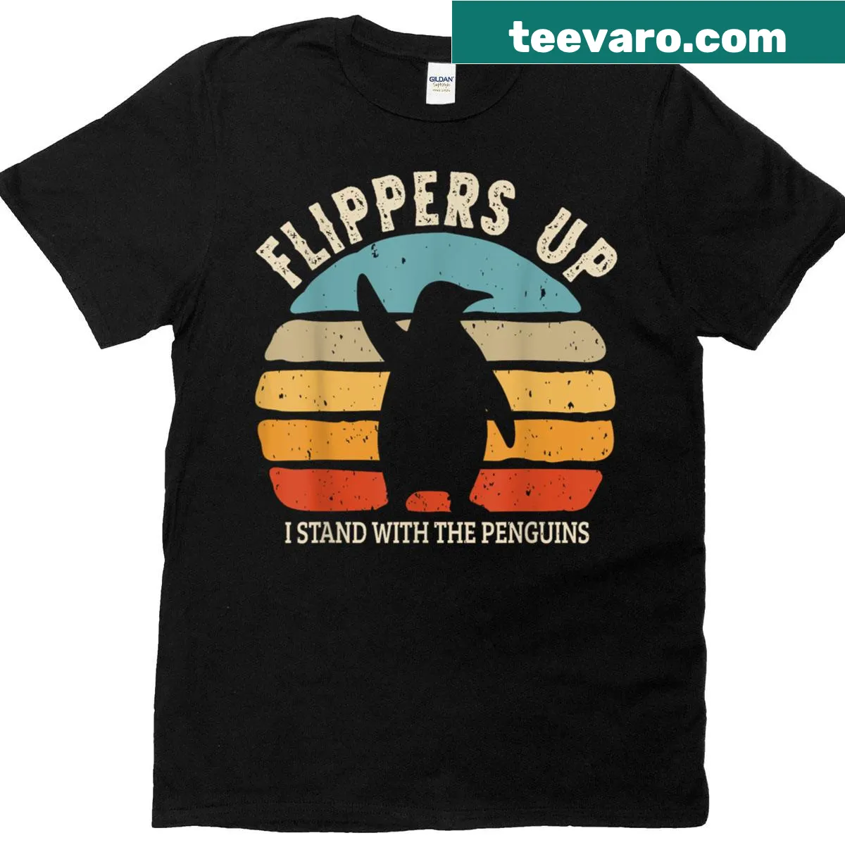 Retro graphic tee featuring penguins and the phrase 'Flippers Up I Stand With The Penguins'. — on a men's t-shirt
