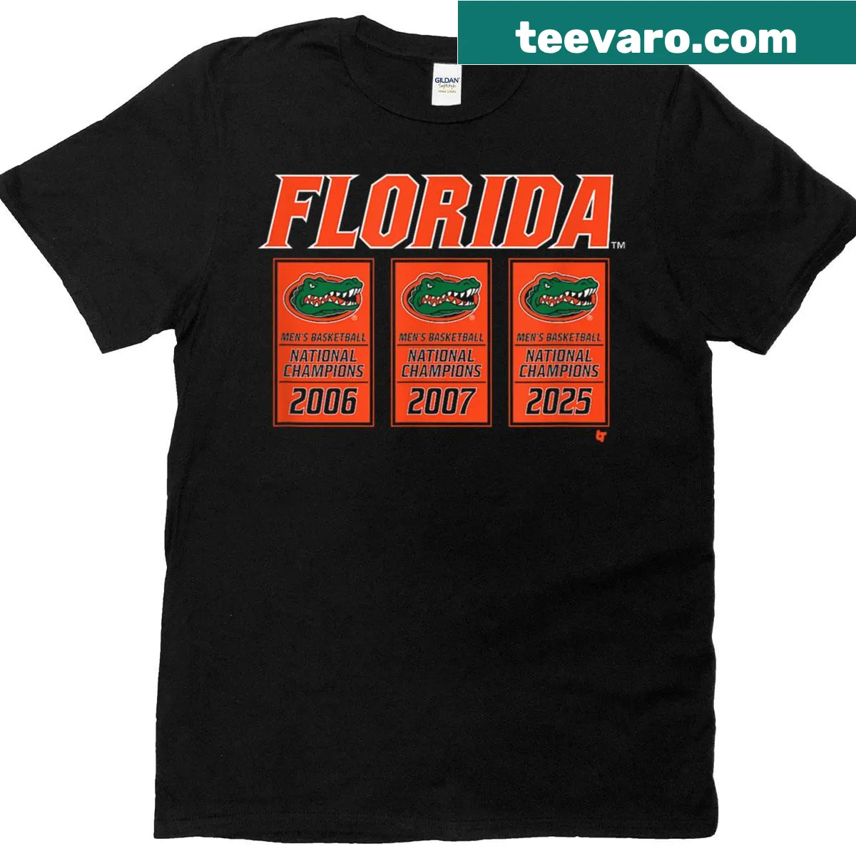 Illustrated champion banners on Florida Gators Basketball T-shirt. — on a men's t-shirt