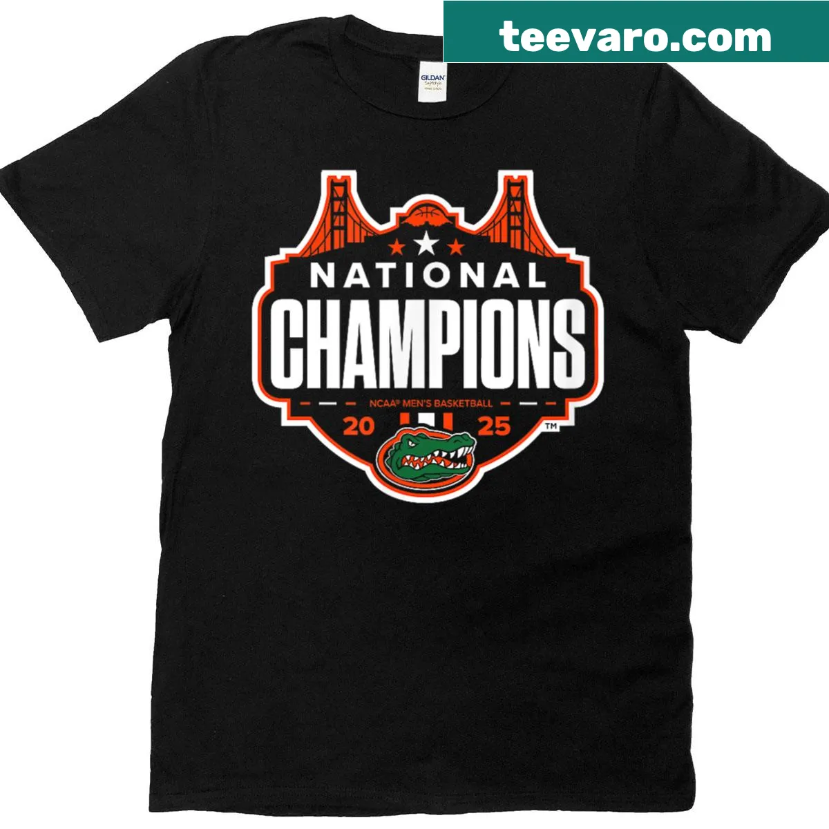 T-shirt featuring Florida Gators Basketball 2025 NCAA Champions logo — on a men's t-shirt