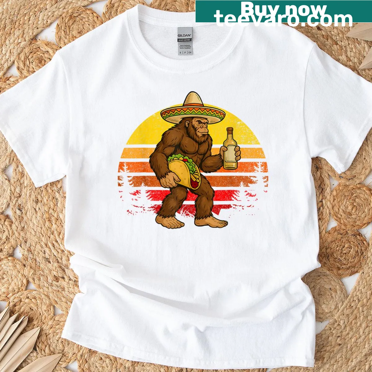 Bigfoot cartoon with taco and wine for Cinco de Mayo celebration — on a men's t-shirt