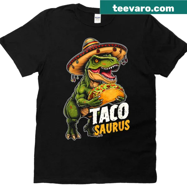 T-Rex dinosaur with a taco in a festive Cinco De Mayo design.
