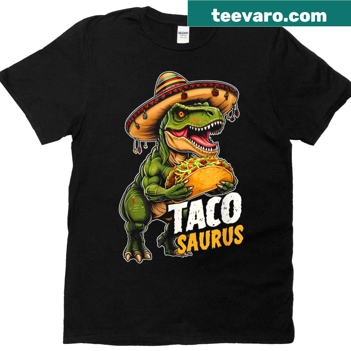 T-Rex dinosaur with a taco in a festive Cinco De Mayo design. — on a men's t-shirt