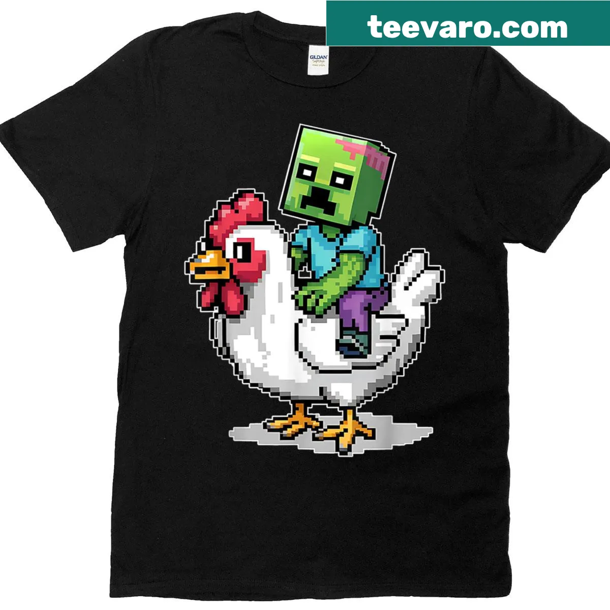 Pixel art of a jockey riding a chicken on a humorous t-shirt — on a men's t-shirt