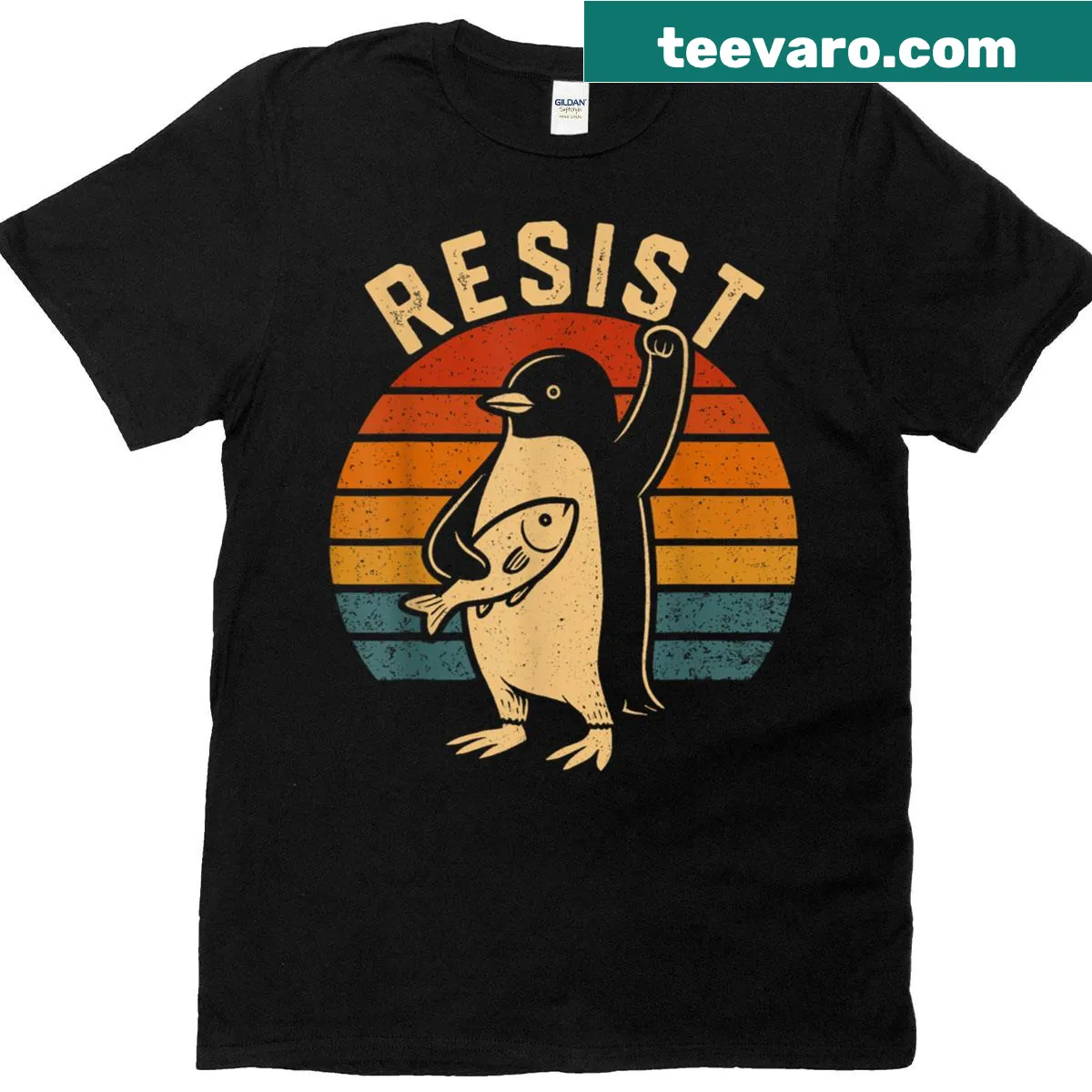 T-shirt featuring a humorous penguin protest slogan — on a men's t-shirt