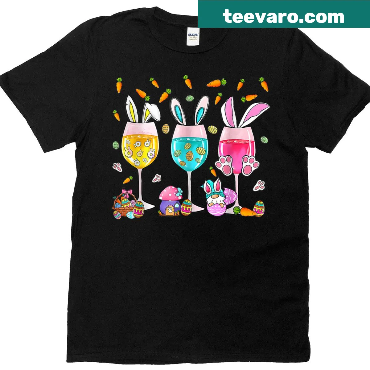 Cute bunny with wine glasses and Easter eggs on a t-shirt — on a men's t-shirt