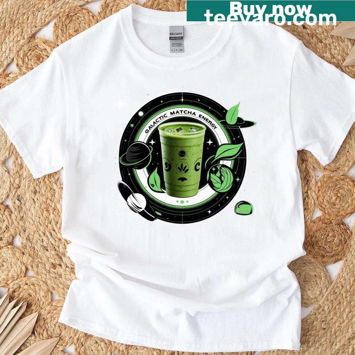 Illustrated t-shirt featuring a galactic matcha energy cup — on a men's t-shirt