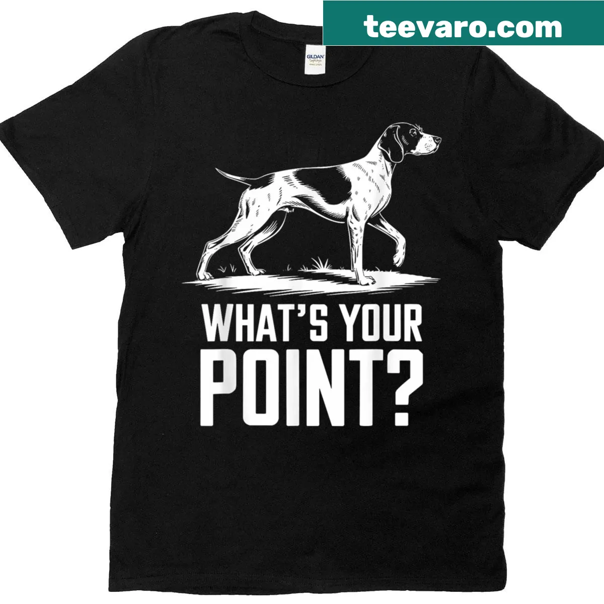 Playful t-shirt with 'What's Your Point?' and German Shorthaired Pointer graphic — on a men's t-shirt