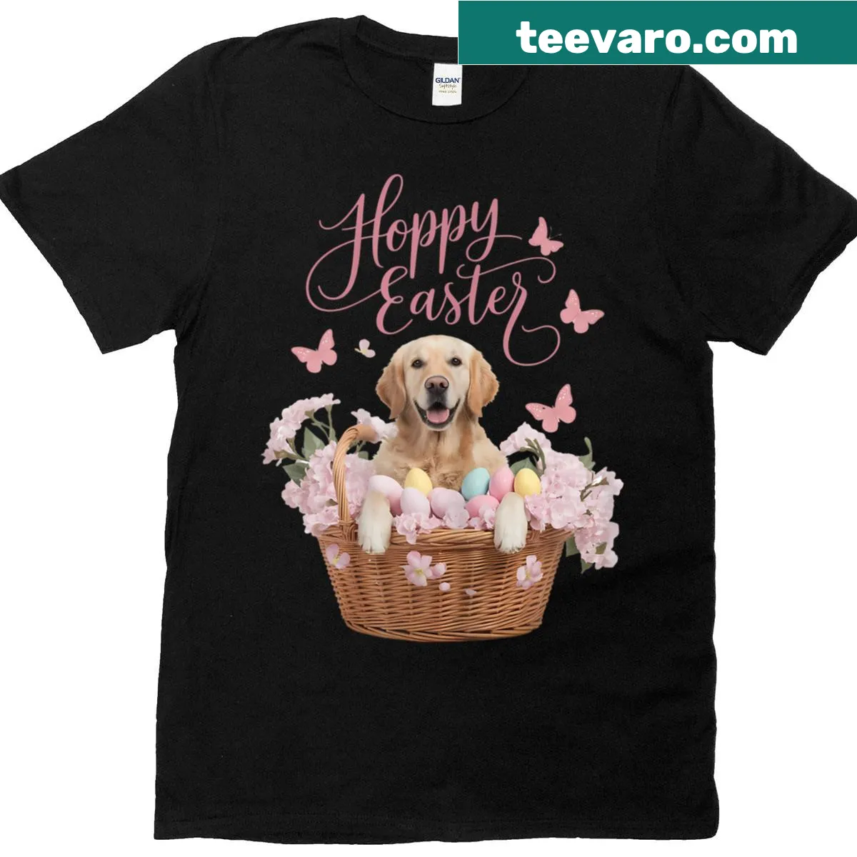 Funny t-shirt with golden retriever dressed as a bunny for Easter — on a men's t-shirt