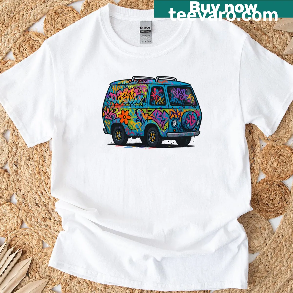 Illustrative T-shirt featuring a colorful graffiti-style van design — on a men's t-shirt