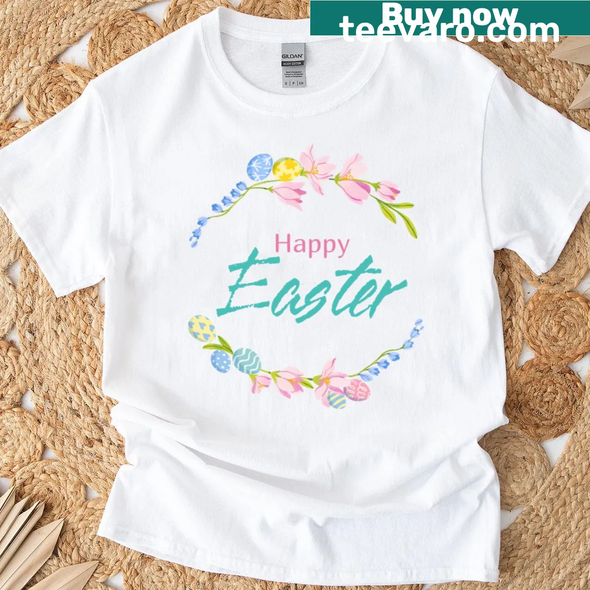 Easter-themed t-shirt with floral wreath and egg illustration — on a men's t-shirt