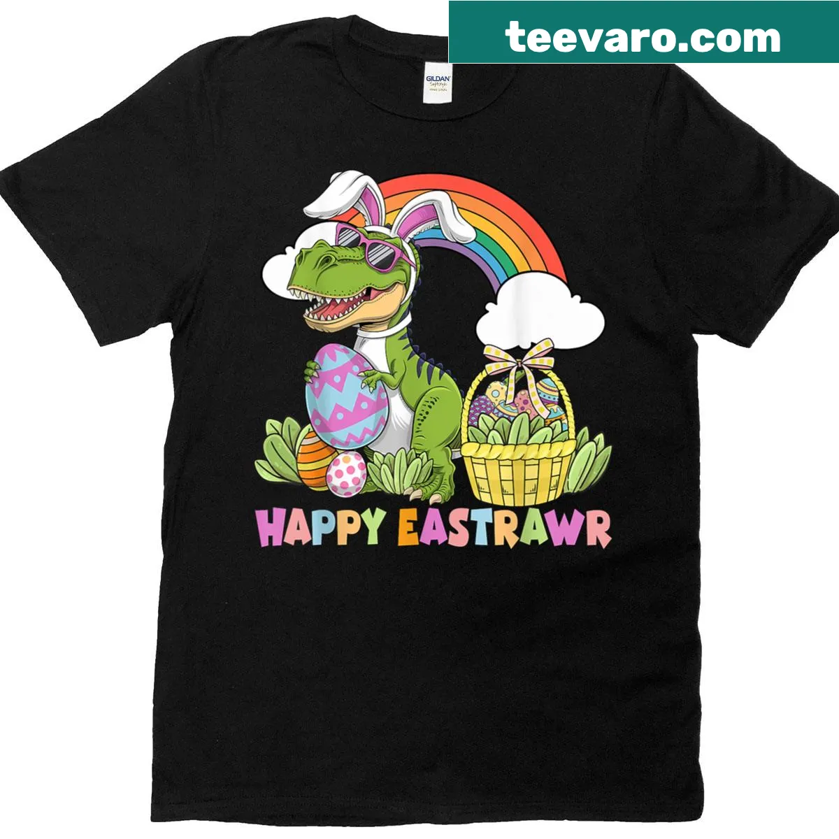 Cartoon T-rex dinosaur design for toddler Easter t-shirt — on a men's t-shirt