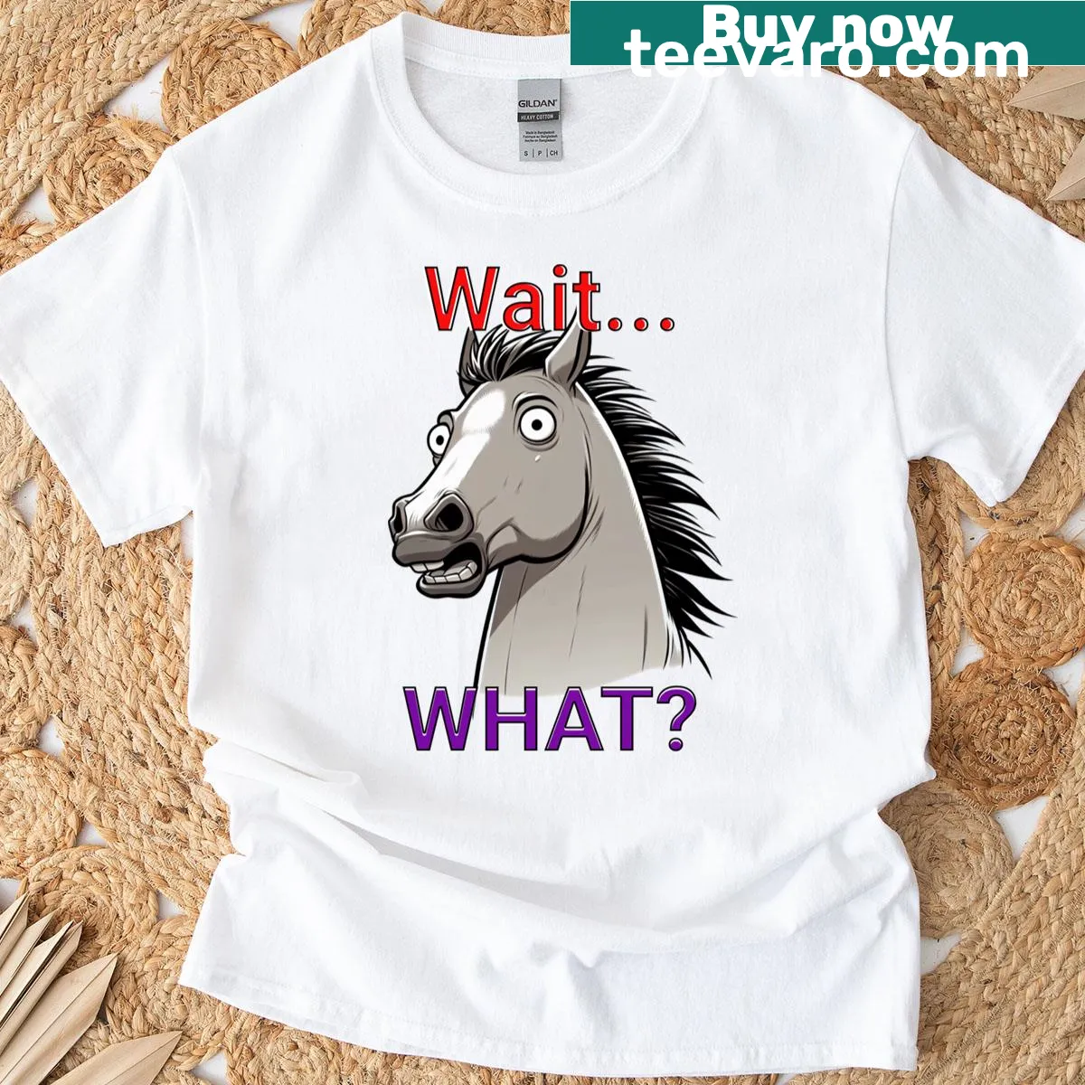 Shocked stallion art with the phrase 'Wait, what?' on a t-shirt — on a men's t-shirt