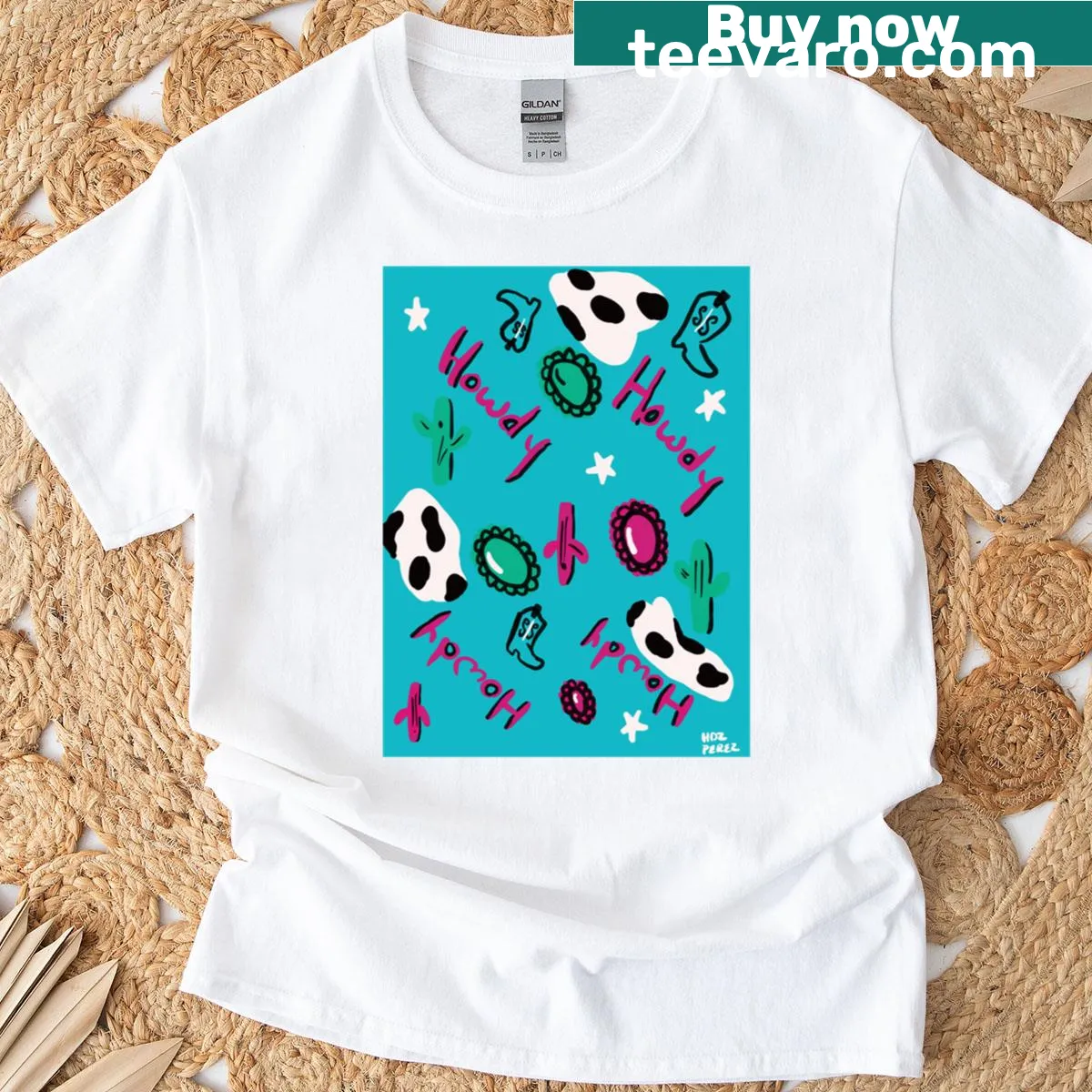 Playful 'Howdy' text graphic on t-shirt — on a men's t-shirt