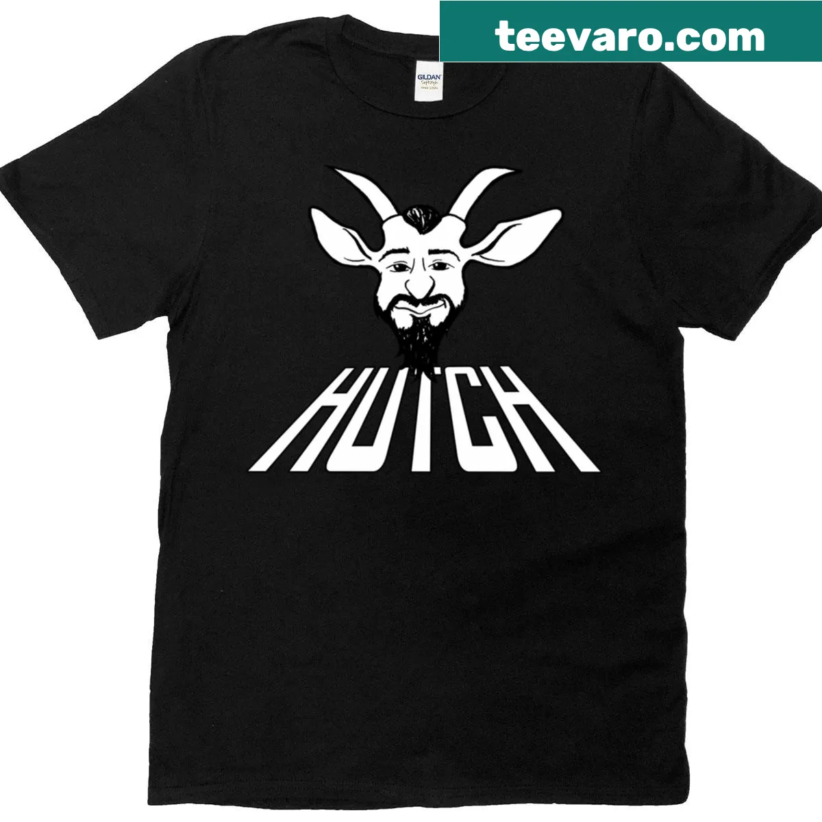 Minimalist T-shirt featuring a clean silhouette of the word 'Hutch' — on a men's t-shirt