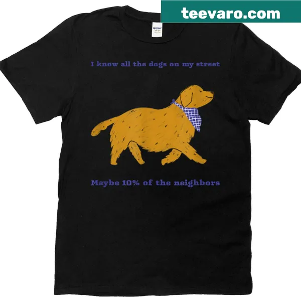 Whimsical T-shirt featuring a design of various dogs, celebrating dog lovers