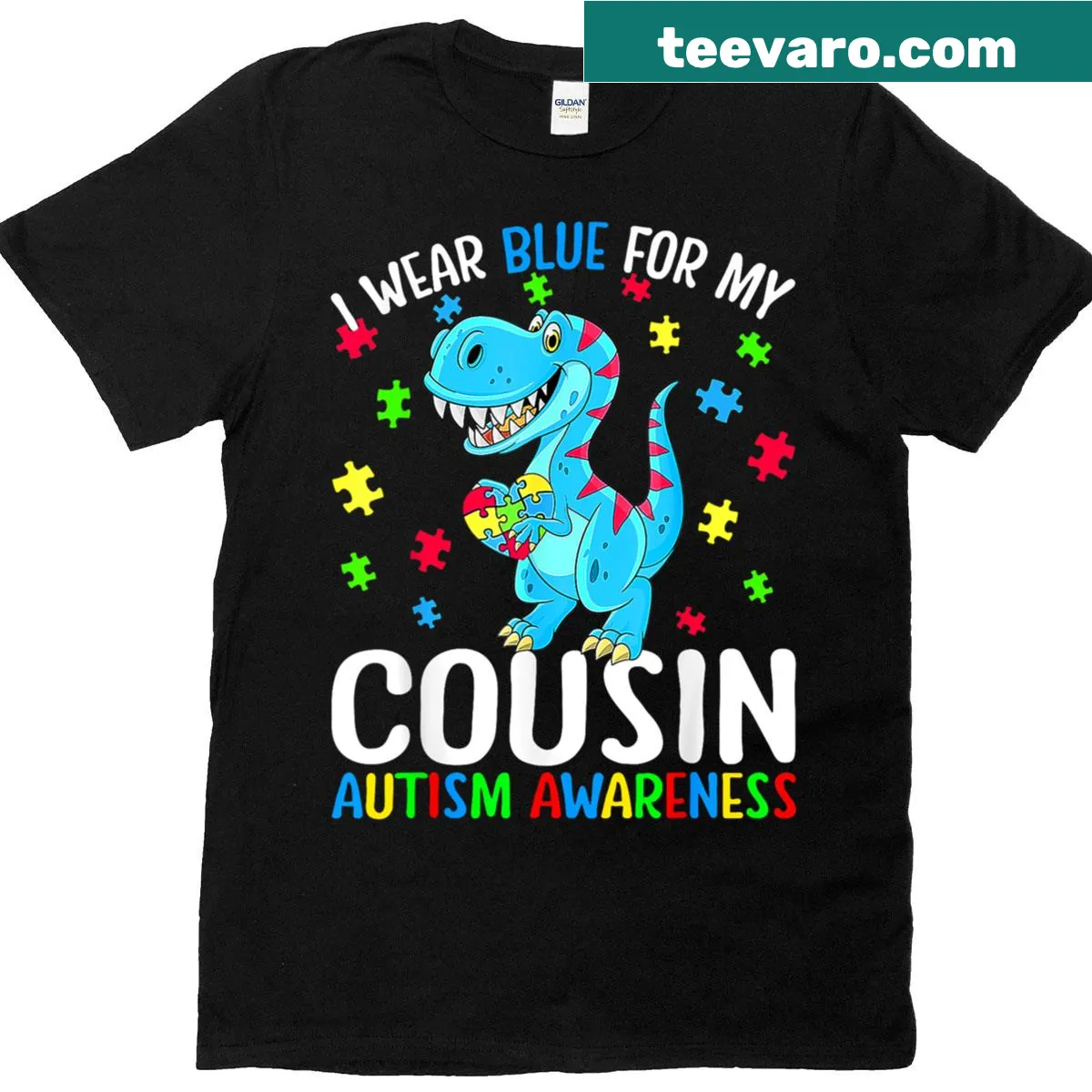 Dinosaur graphic T-shirt supporting autism awareness with the phrase 'I Wear Blue For My Cousin' — on a men's t-shirt