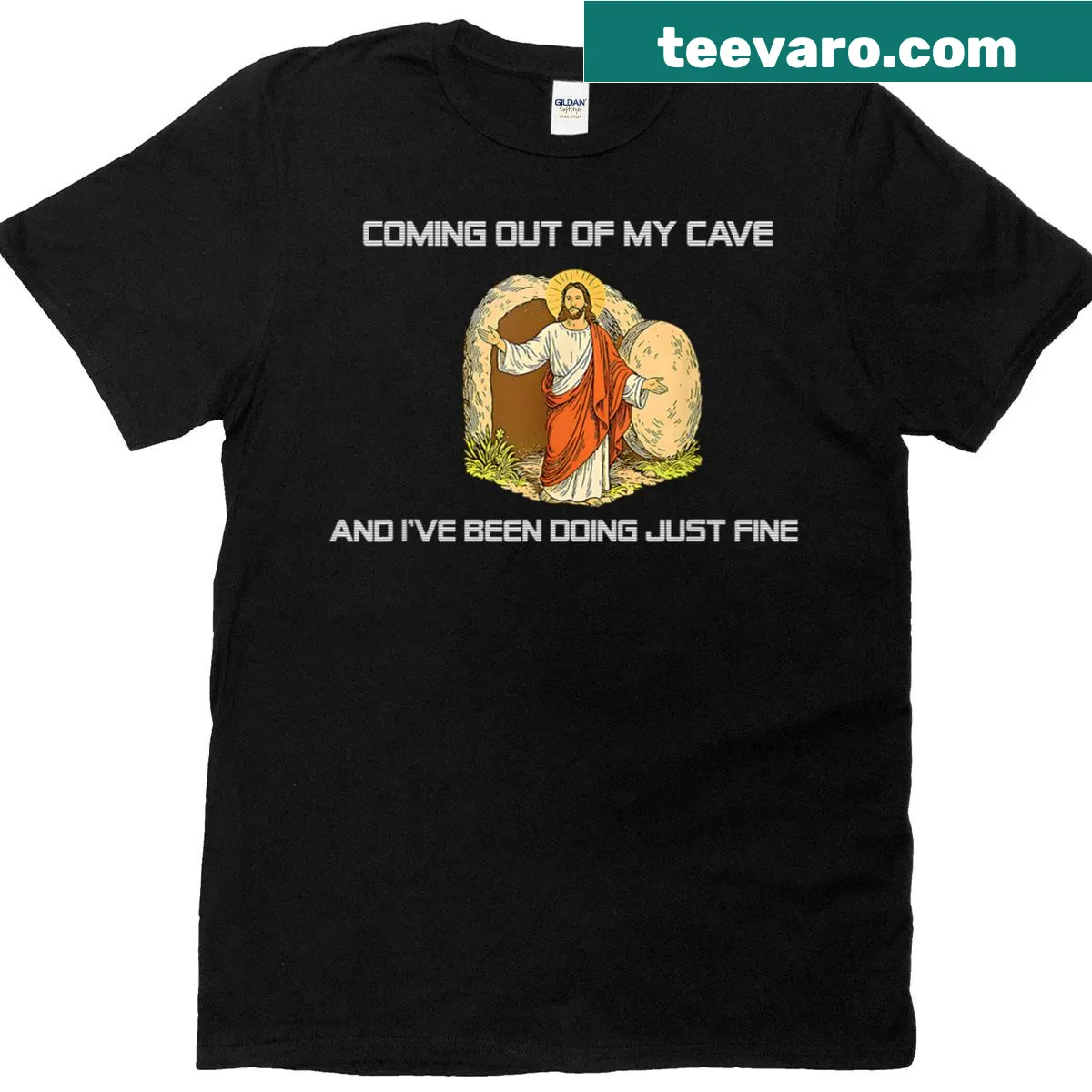 Illustrated Jesus coming out of a cave with motivational text — on a men's t-shirt