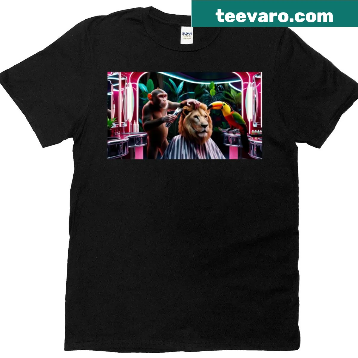 Cartoon Jungle Barber T-shirt design — on a men's t-shirt