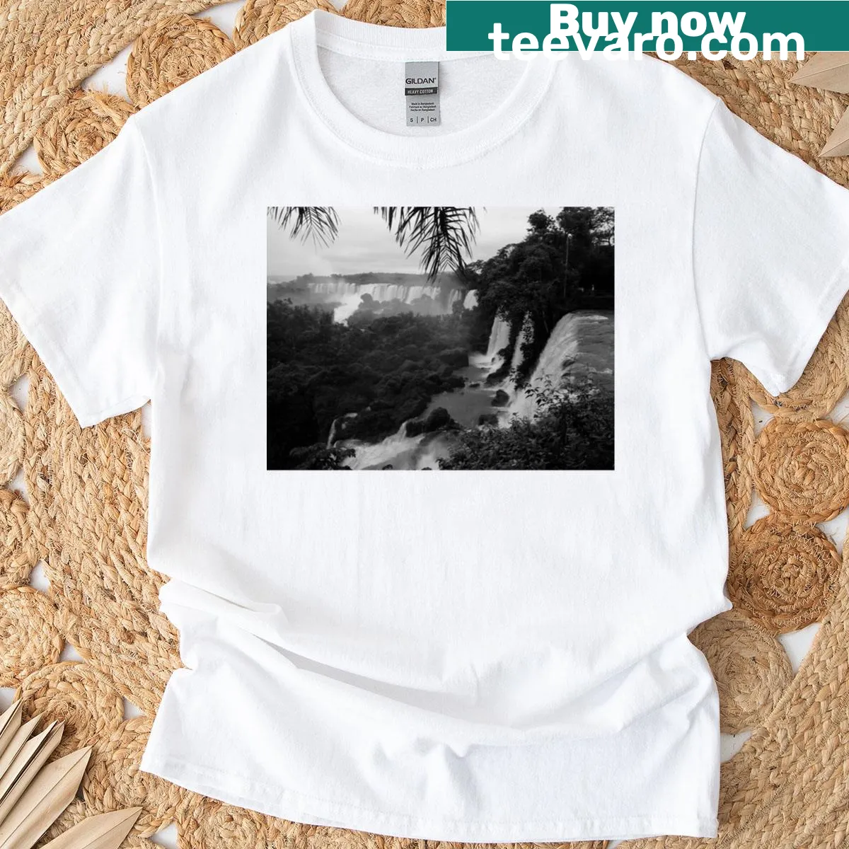 Illustrated jungle waterfall scene on a long t-shirt — on a men's t-shirt
