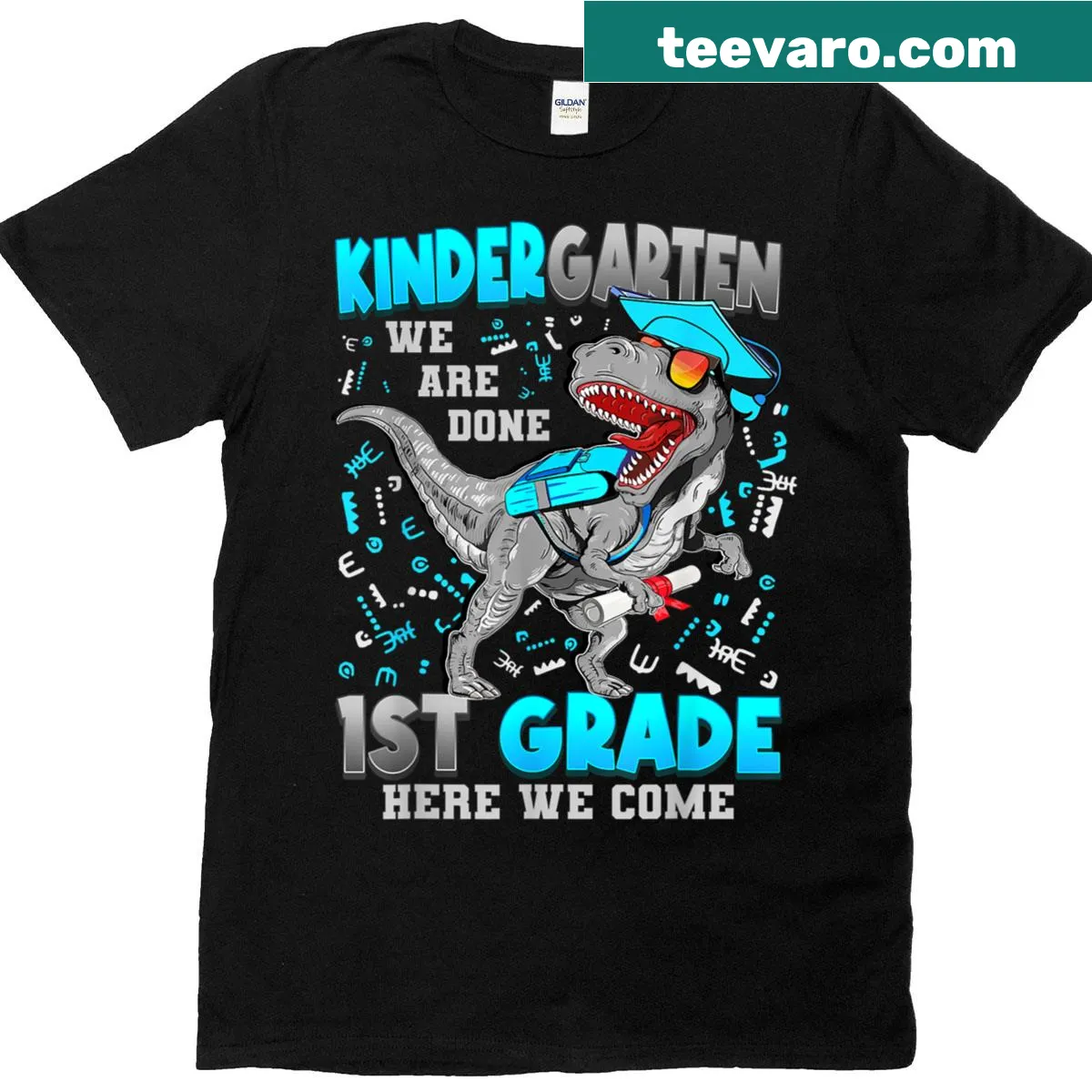 Playful dinosaur graphic Kindergarten graduation T-shirt — on a men's t-shirt