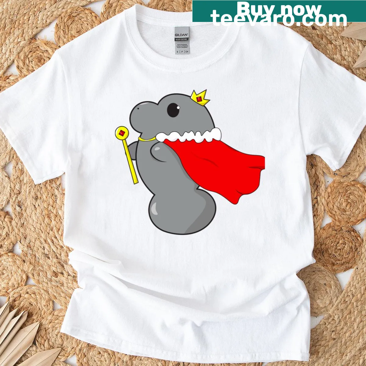 Cartoonish King Manatee wearing a crown, playful design. — on a men's t-shirt