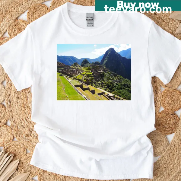 Artistic representation of Machu Picchu on a stylish scoop T-shirt.