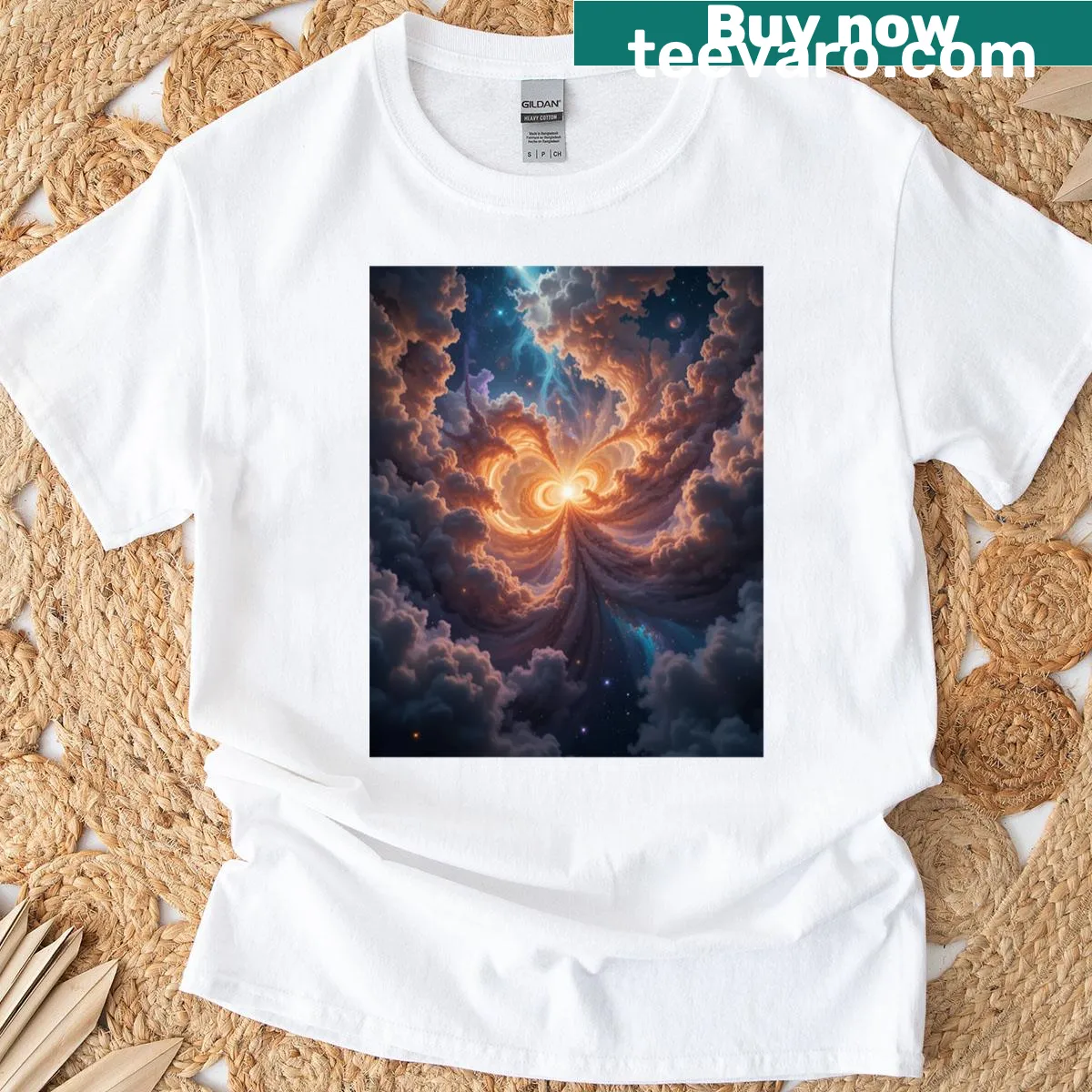 T-shirt featuring Magnetic Dance Carina Nebula illustration — on a men's t-shirt