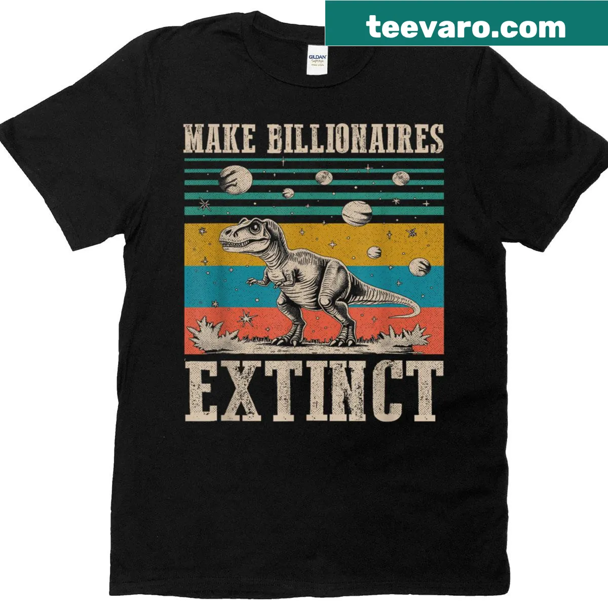 Funny dinosaur t-shirt with the phrase Make Billionaires Extinct — on a men's t-shirt