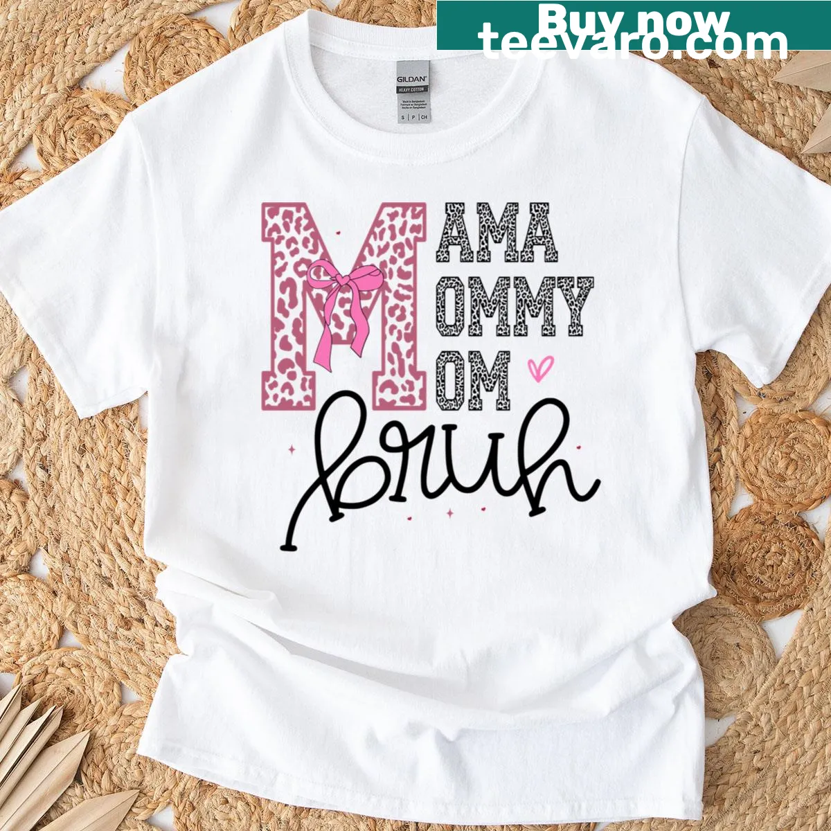 T-shirt with 'Mama Mommy Mom Bruh' and a cute bow design — on a men's t-shirt