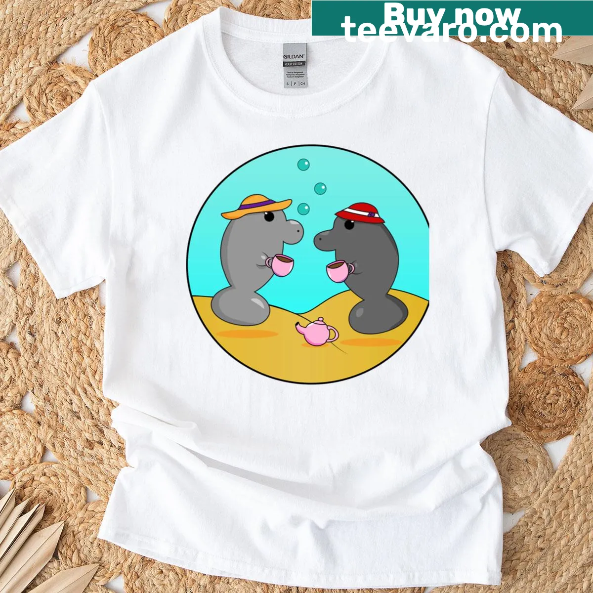 Cute illustration of manatees having tea at a party — on a men's t-shirt