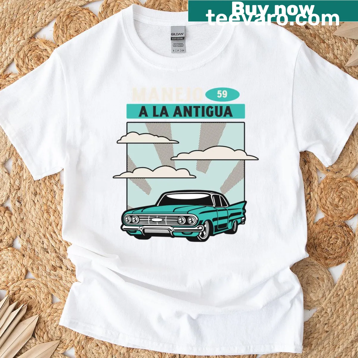 Vintage 1959 car graphic on a distressed T-shirt — on a men's t-shirt