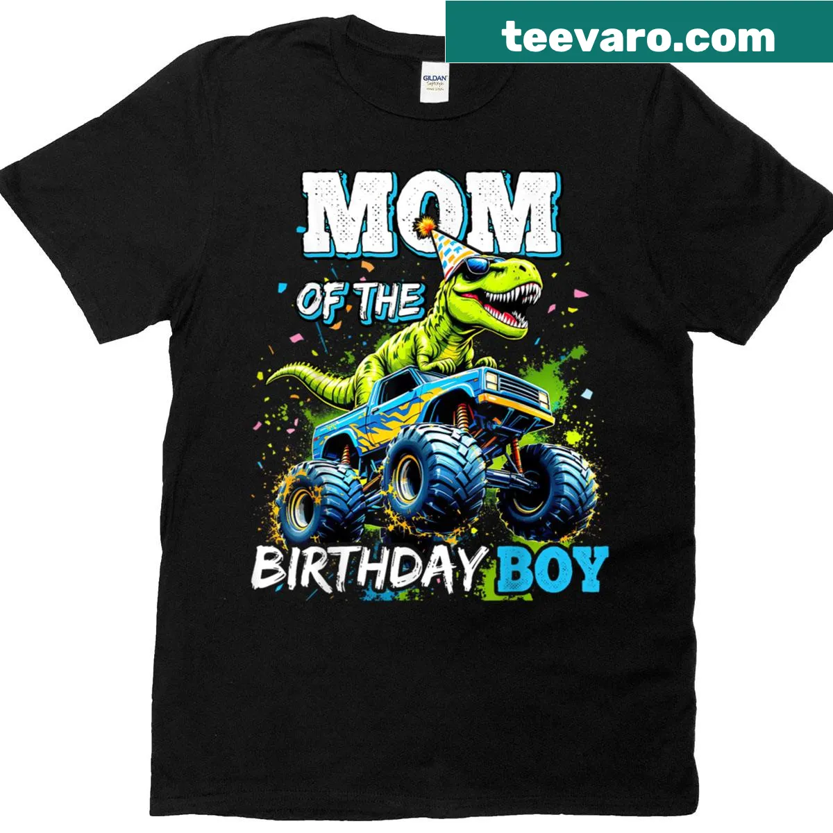 T-shirt with dinosaur driving a monster truck for birthday celebrations — on a men's t-shirt