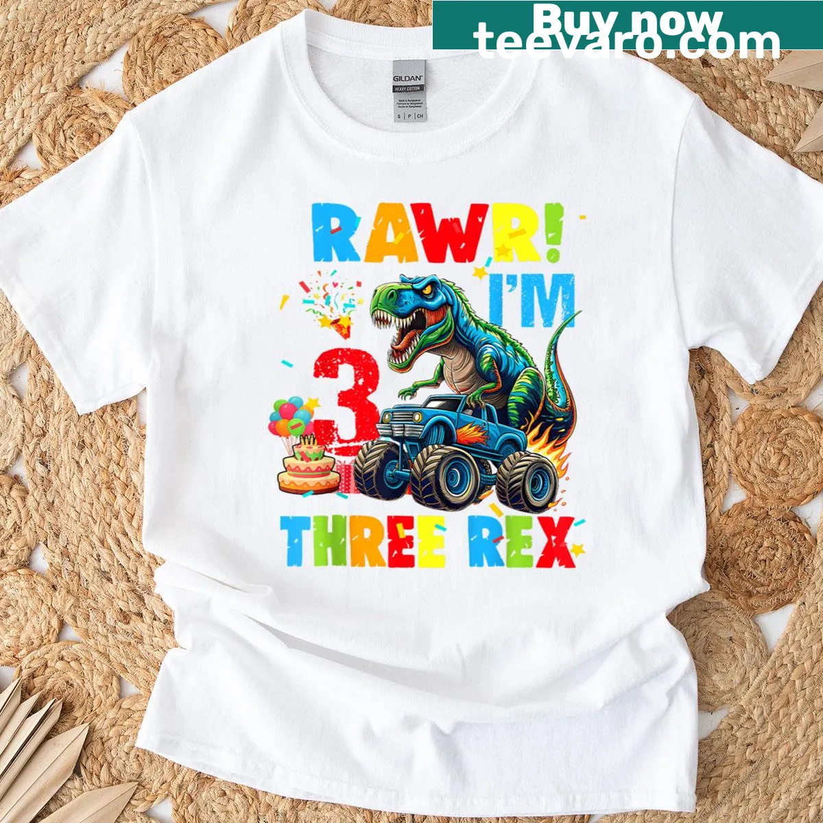 T-shirt featuring a monster truck and dinosaur illustration for kids — on a men's t-shirt