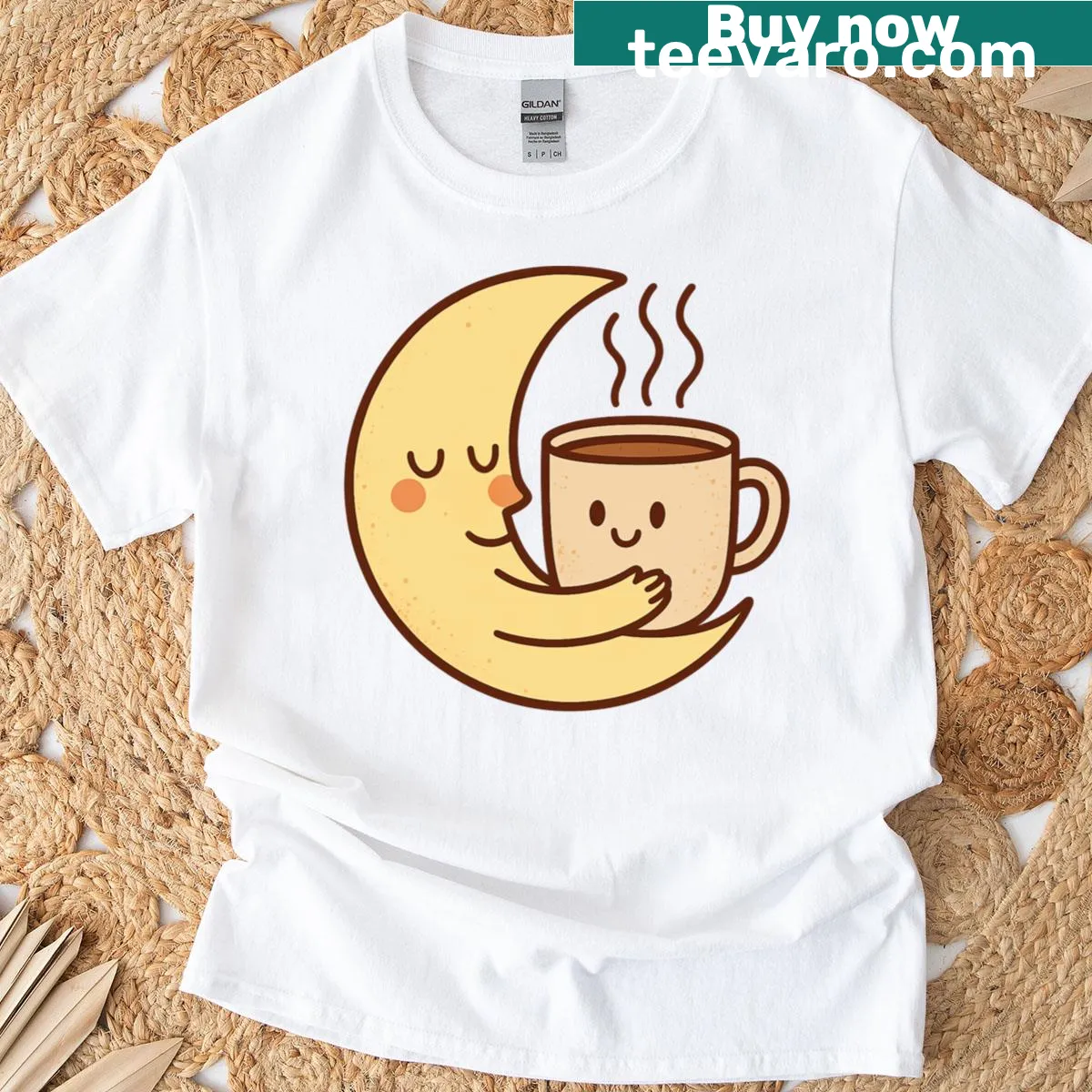 Moon and coffee graphic on a playful t-shirt — on a men's t-shirt