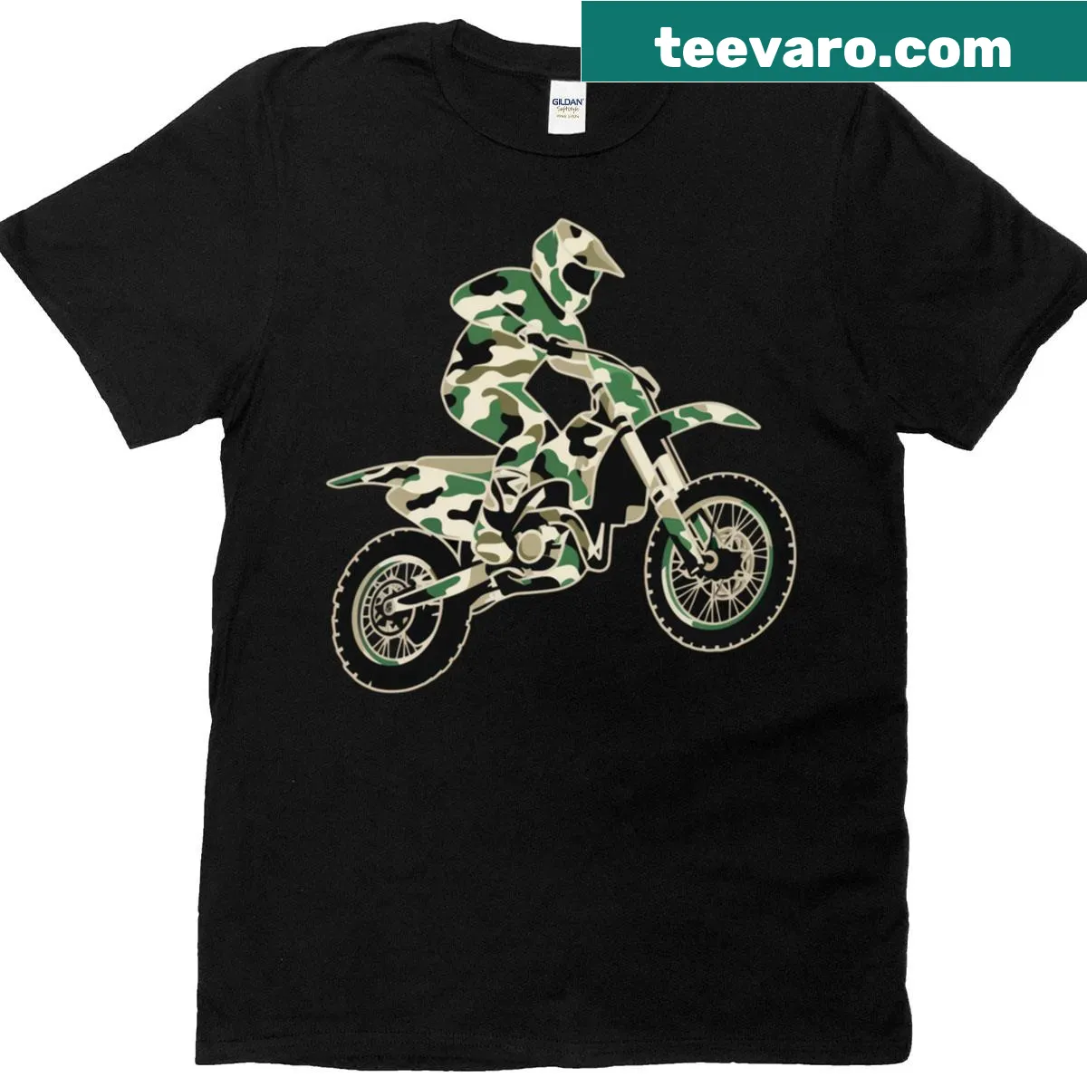 Dynamic motocross bike camo graphic on a t-shirt — on a men's t-shirt