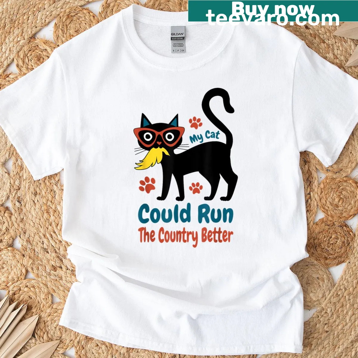 Witty political humor graphic featuring a cat on a t-shirt — on a men's t-shirt