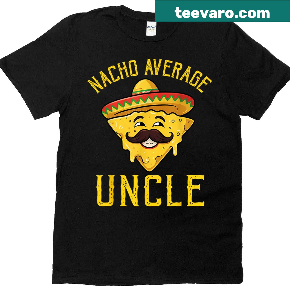 Funny t-shirt for uncles with 'Nacho Average Uncle' text — on a men's t-shirt