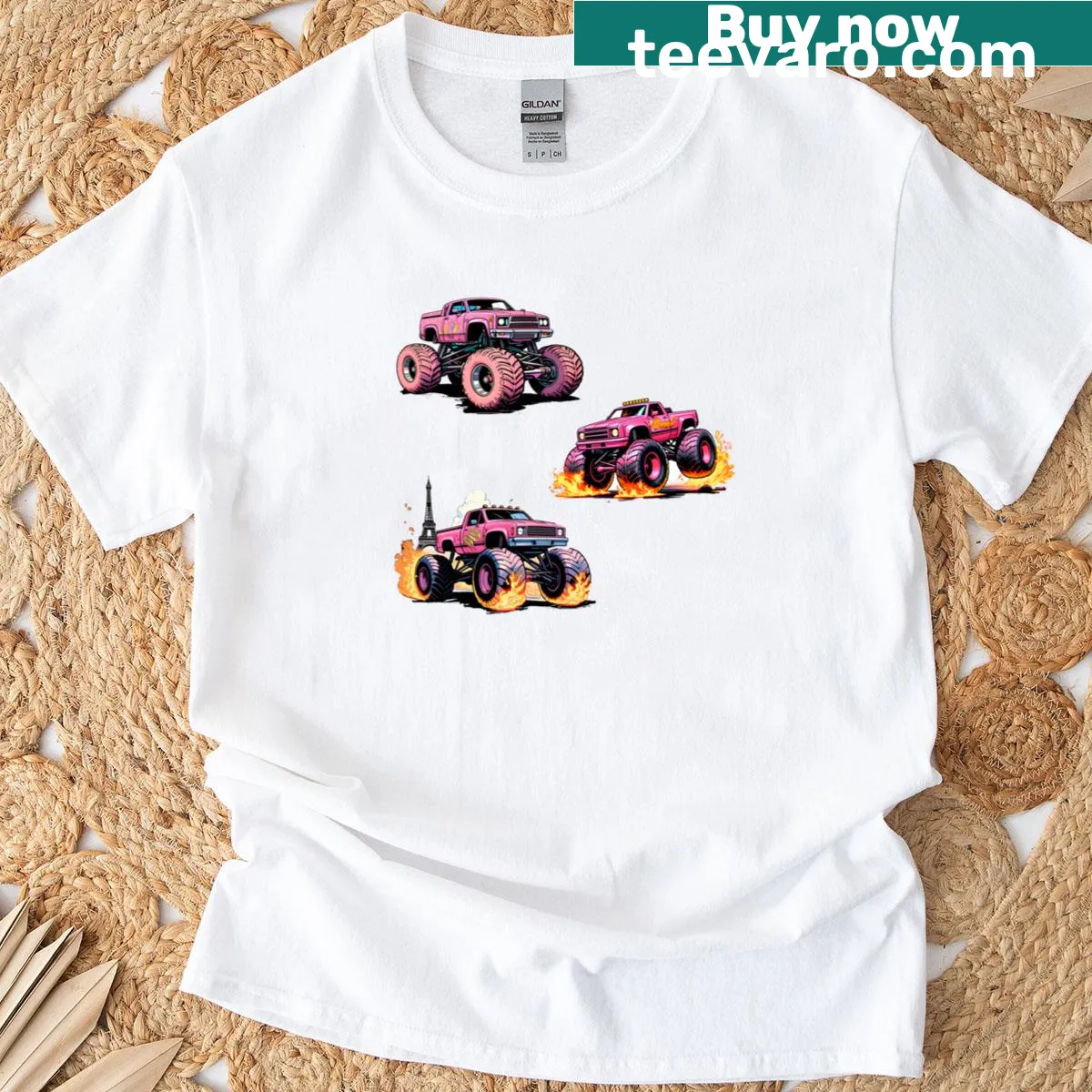 Retro comic-style monster truck design for a mom's t-shirt — on a men's t-shirt