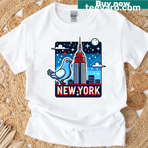 Illustrated pigeon graphic on a casual T-shirt, celebrating urban wildlife.