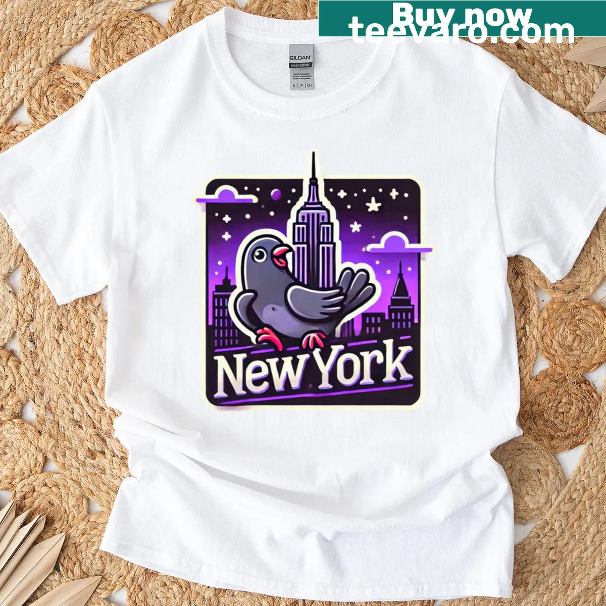 Whimsical illustration of an NYC pigeon on a T-shirt — on a men's t-shirt