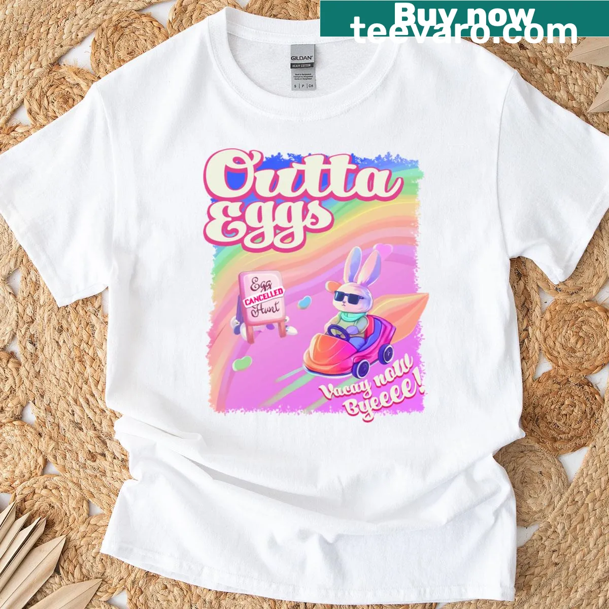 Funny T-shirt featuring Outta Eggs phrase in playful typography — on a men's t-shirt