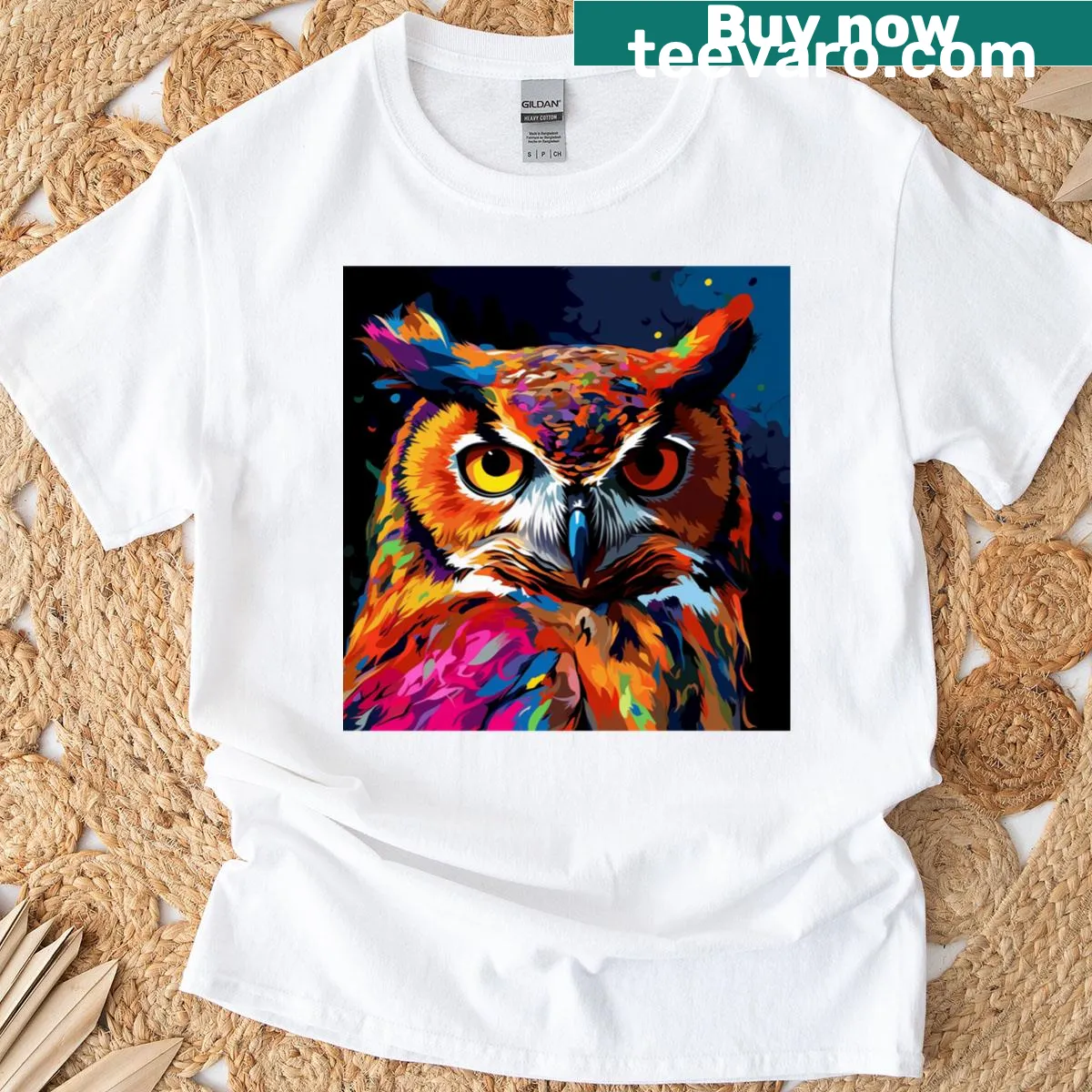 Pop-art style owl graphic on a casual T-shirt, celebrating nature. — on a men's t-shirt