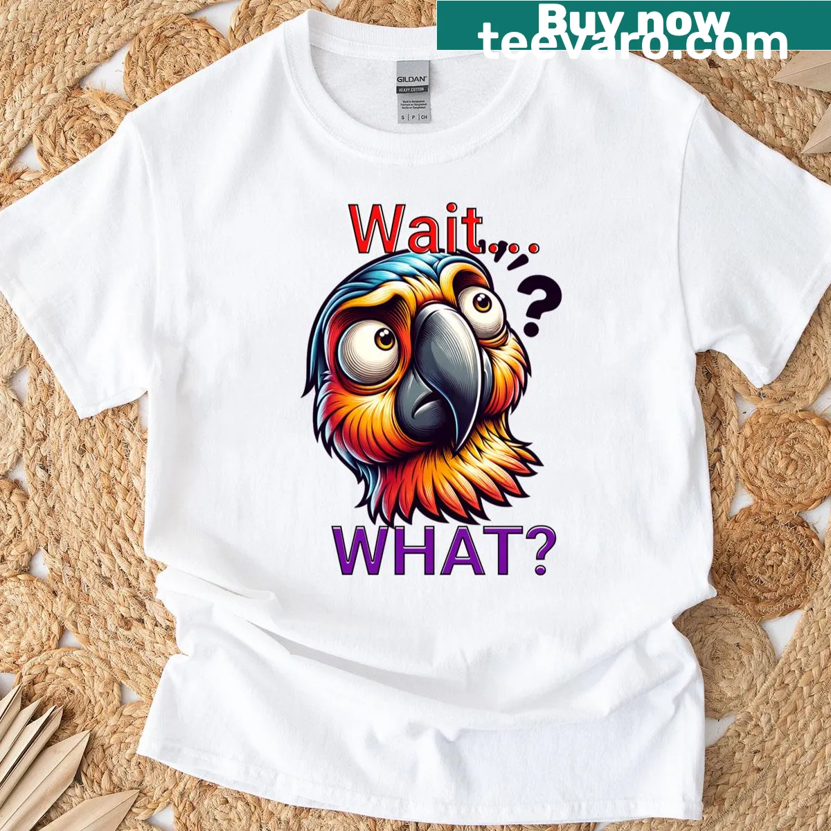 Cartoon T-shirt featuring a confused parrot with the phrase 'Wait What?' — on a men's t-shirt