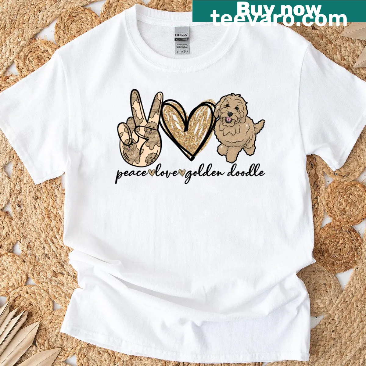 Doodle design T-shirt with 'Peace Love' text — on a men's t-shirt